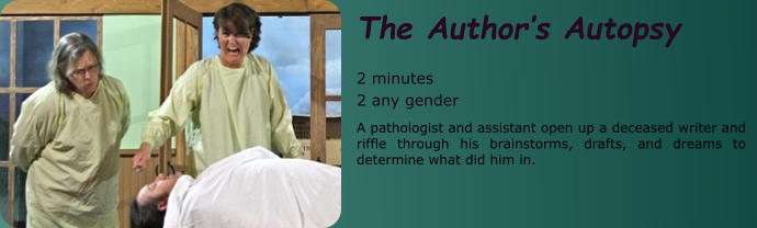 The Author’s Autopsy  2 minutes 2 any gender A pathologist and assistant open up a deceased writer and riffle through his brainstorms, drafts, and dreams to determine what did him in.
