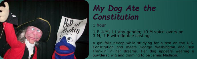 My Dog Ate the Constitution 1 hour 1 F, 4 M, 11 any gender, 10 M voice-overs or       3 M, 1 F with double casting A girl falls asleep while studying for a test on the U.S. Constitution and meets George Washington and Ben Franklin in her dreams. Her dog appears wearing a powdered wig and claiming to be James Madison.