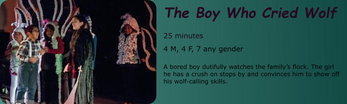 The Boy Who Cried Wolf  25 minutes 4 M, 4 F, 7 any gender  A bored boy dutifully watches the family’s flock. The girl he has a crush on stops by and convinces him to show off his wolf-calling skills.